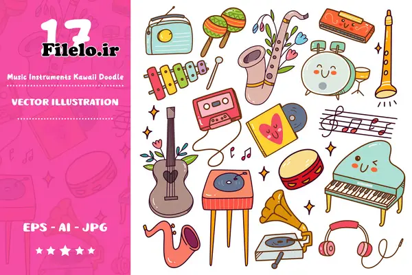 Kawaii Doodle 21 مجموعه 17 وکتور آلات موسیقی Kawaii Doodle | دانلود رایگان 1